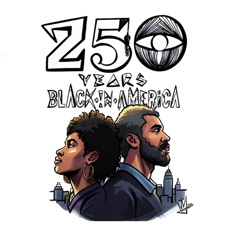 250 Years Black in America original artwork with “We Them People” text and two figures above a city skyline. By Exhibit A
