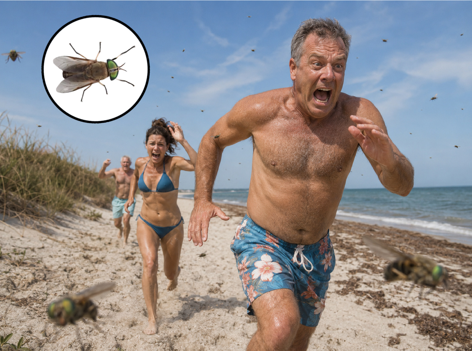 Beachgoers running from greenheads at the Jersey Shore, with an inset showing a close-up of a greenhead fly.