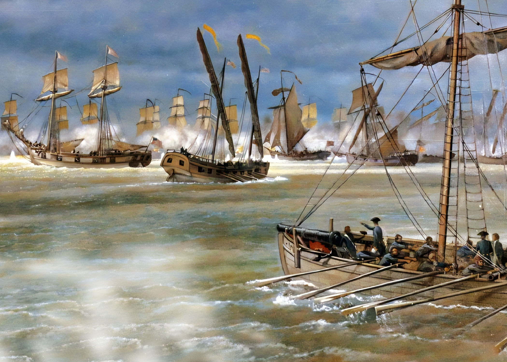 Revolutionary War gunboats battle British ships at Valcour Island on Lake Champlain in 1776.