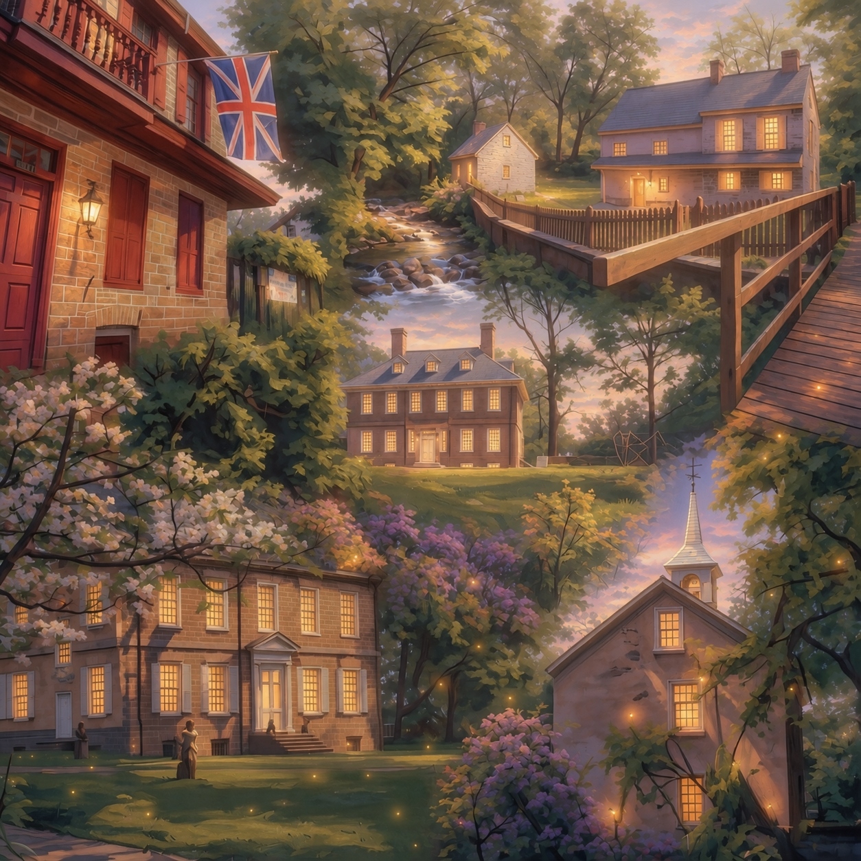 Painterly collage of Historic Germantown sites at dusk with glowing windows, gardens, and fireflies.
