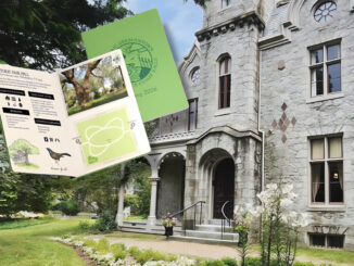 Historic Germantown Stamp Rally passport floating over a garden and the Ebenezer Maxwell historic stone mansion.