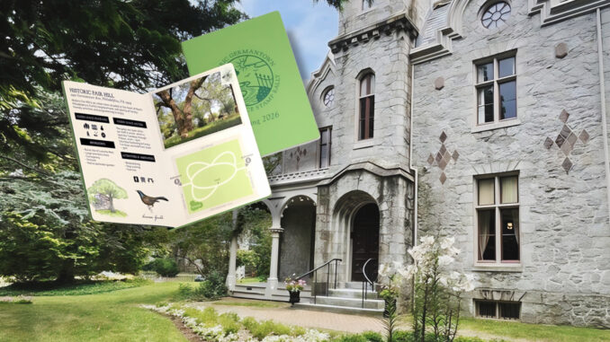 Historic Germantown Stamp Rally passport floating over a garden and the Ebenezer Maxwell historic stone mansion.