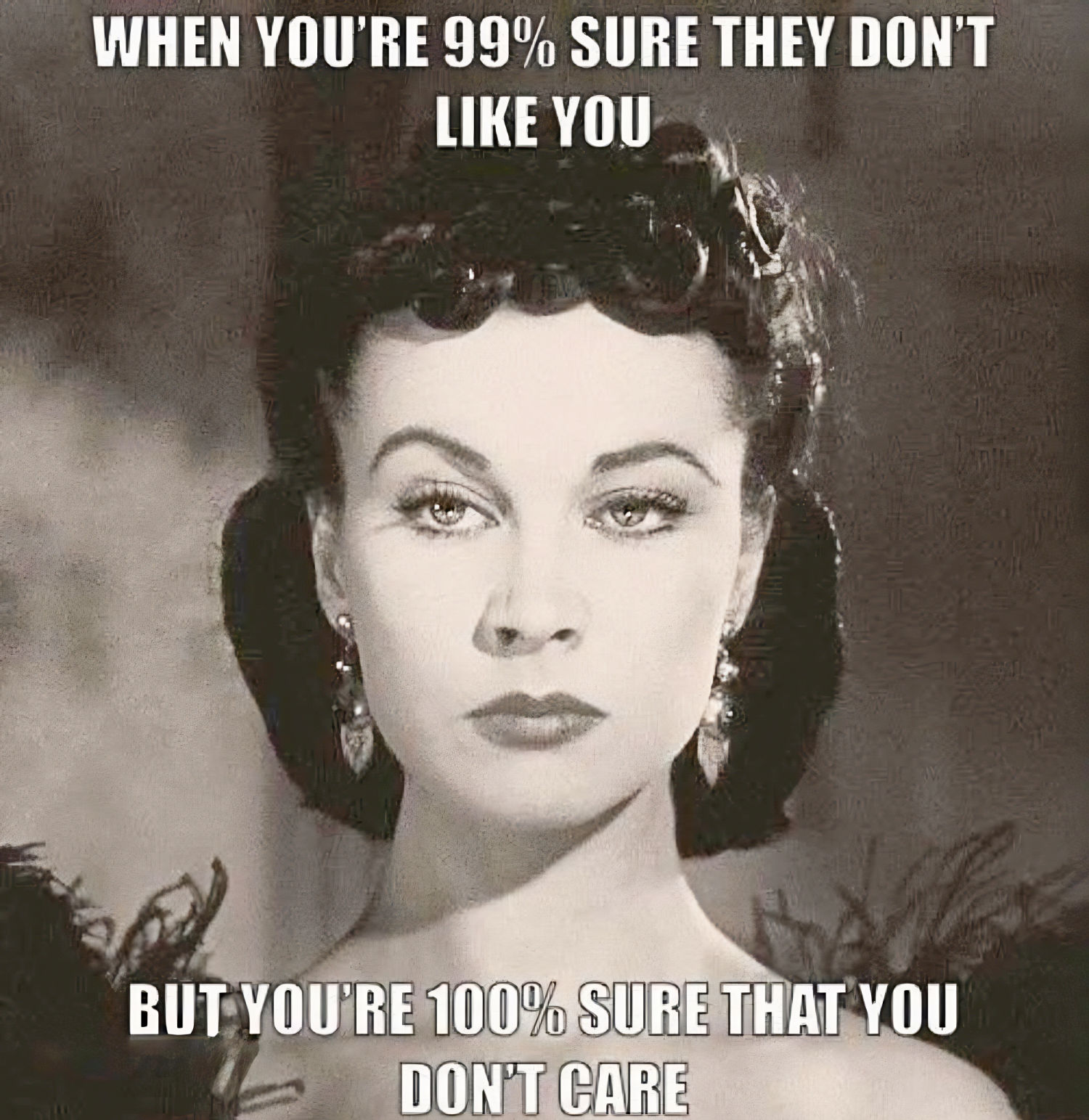 Black-and-white meme of a glamorous woman with text about knowing someone may not like you but not caring
