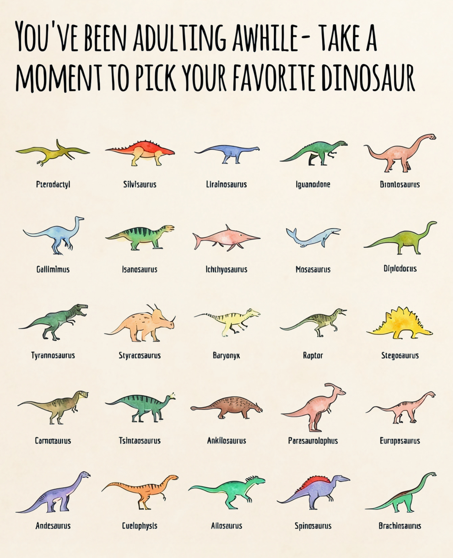 Illustrated dinosaur chart inviting adults to pick their favorite dinosaur