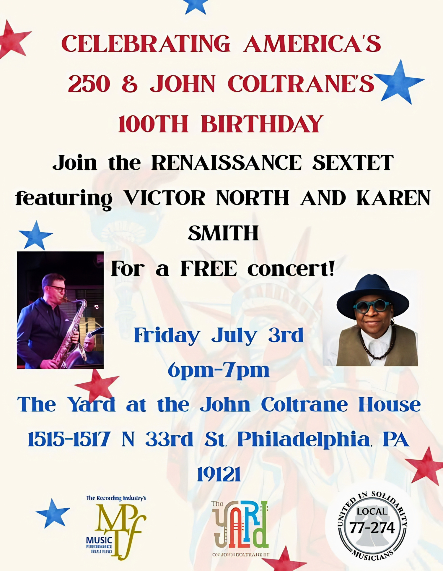 Flyer for a free Renaissance Sextet concert celebrating America’s 250th and John Coltrane’s 100th birthday at the John Coltrane House
