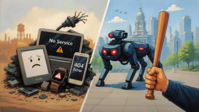 Split-screen illustration of obsolete devices showing No Service and 404 Error beside a robot dog and a hand holding a bat.