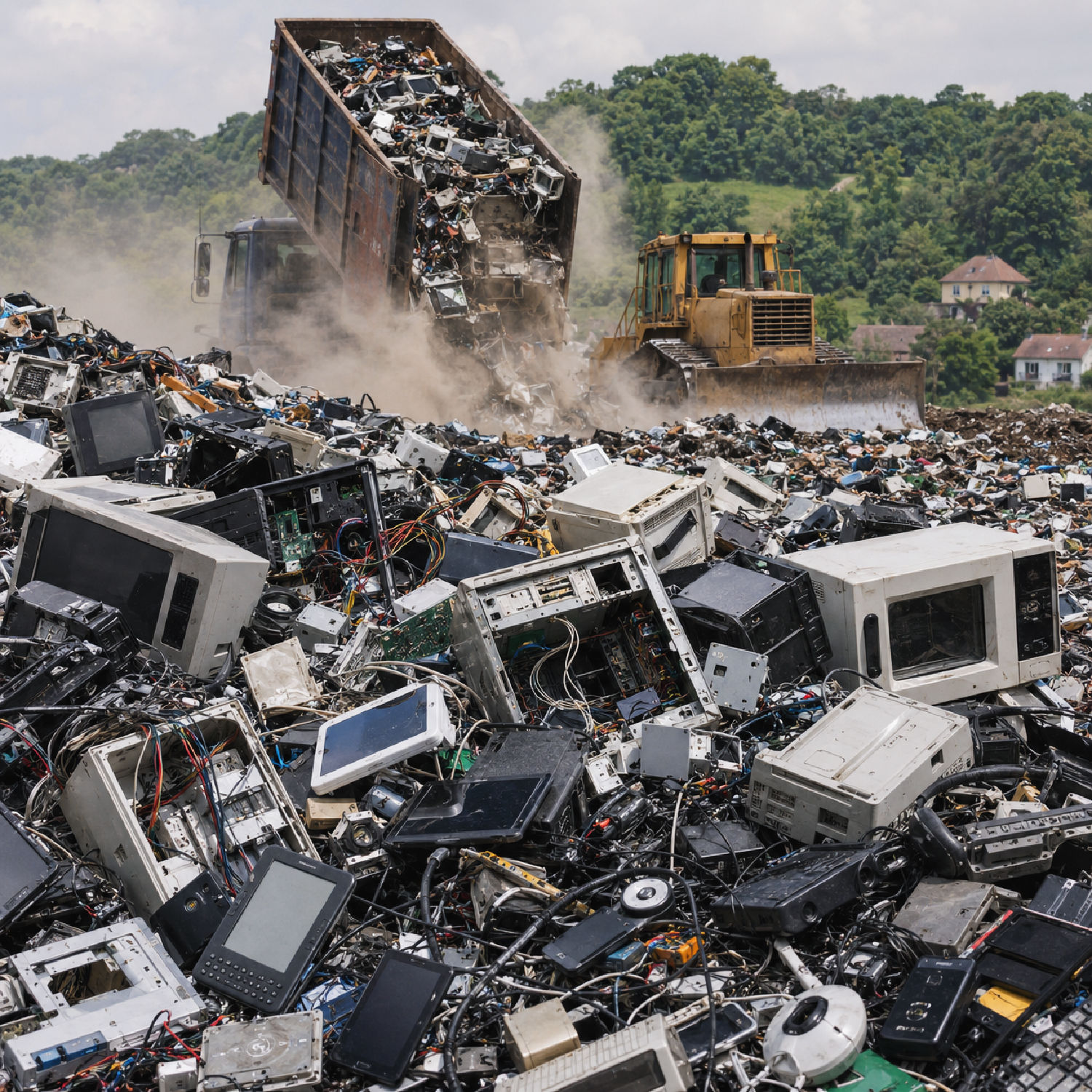 E-waste landfill with a dump truck unloading discarded electronics near green hills and homes.