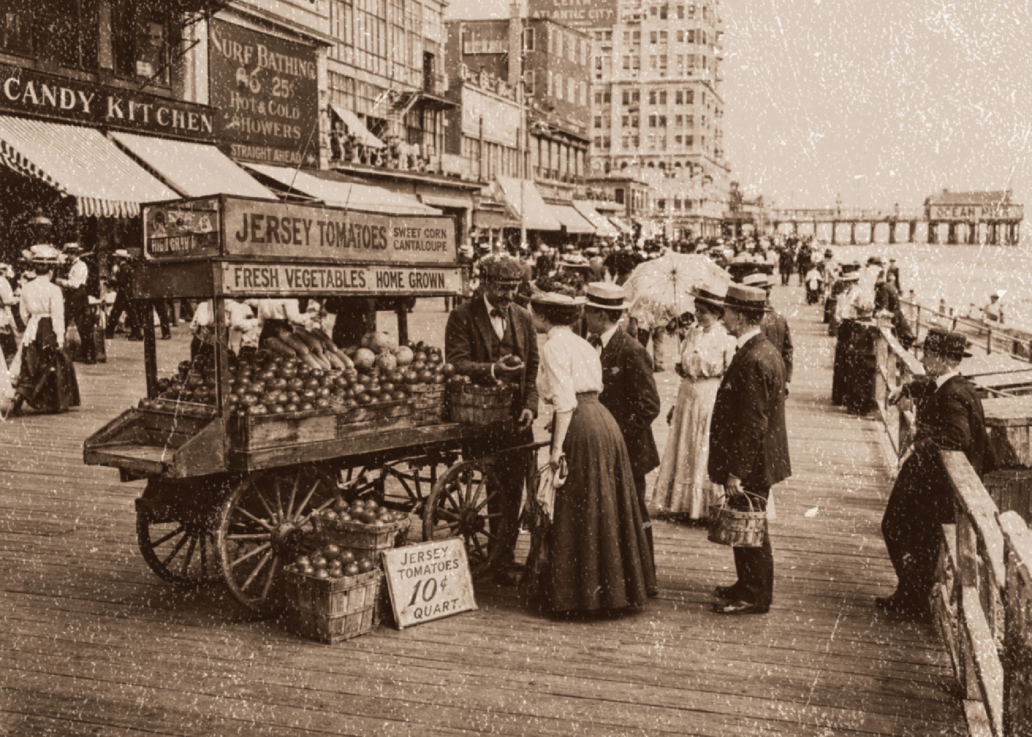 Vintage-style Atlantic City boardwalk scene with a Jersey tomato vendor selling produce from a cart.