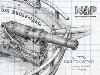 Restoration-style sketch of the USS Philadelphia gunboat’s bow and cannon on graph paper.