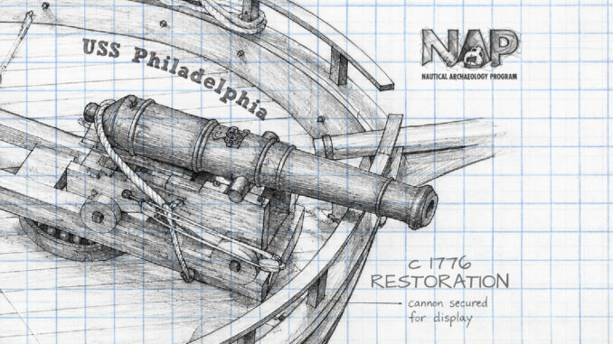 Restoration-style sketch of the USS Philadelphia gunboat’s bow and cannon on graph paper.