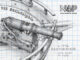 Restoration-style sketch of the USS Philadelphia gunboat’s bow and cannon on graph paper.