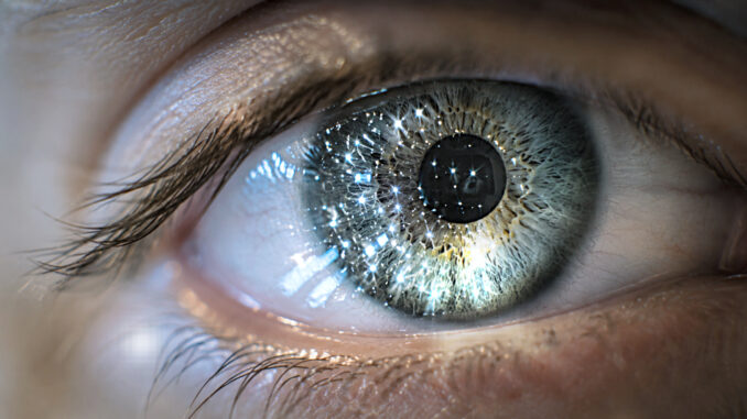 Close-up of a human eye reflecting scattered points of light, illustrating Lyn Godley’s research on immersive art and the body.
