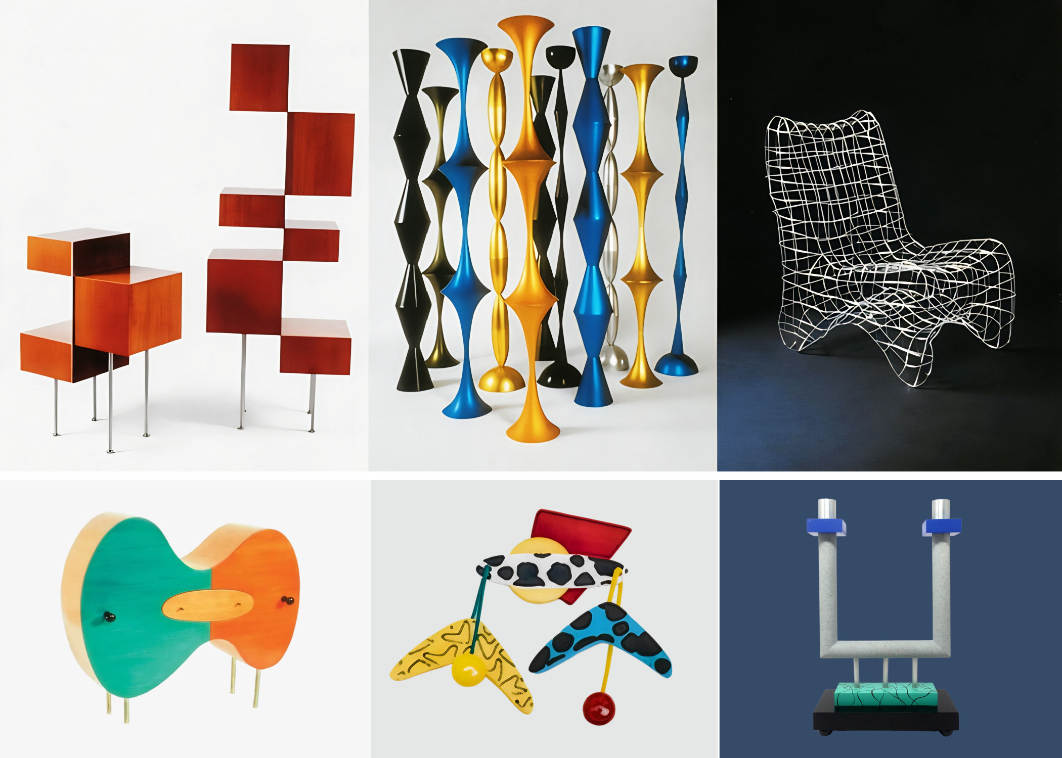 Collage of colorful furniture, lighting and decorative objects designed by Godley-Schwan.