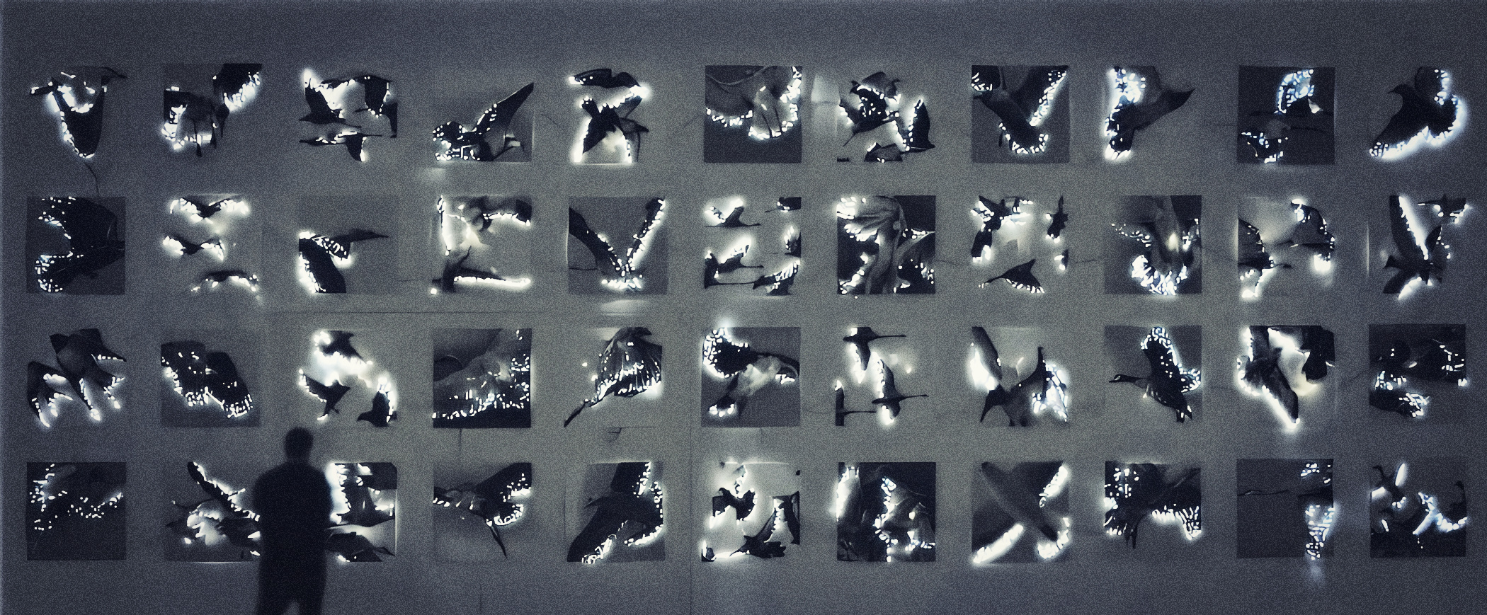 Silhouetted visitor viewing rows of illuminated bird artworks in Lyn Godley’s “InFlight” exhibition.