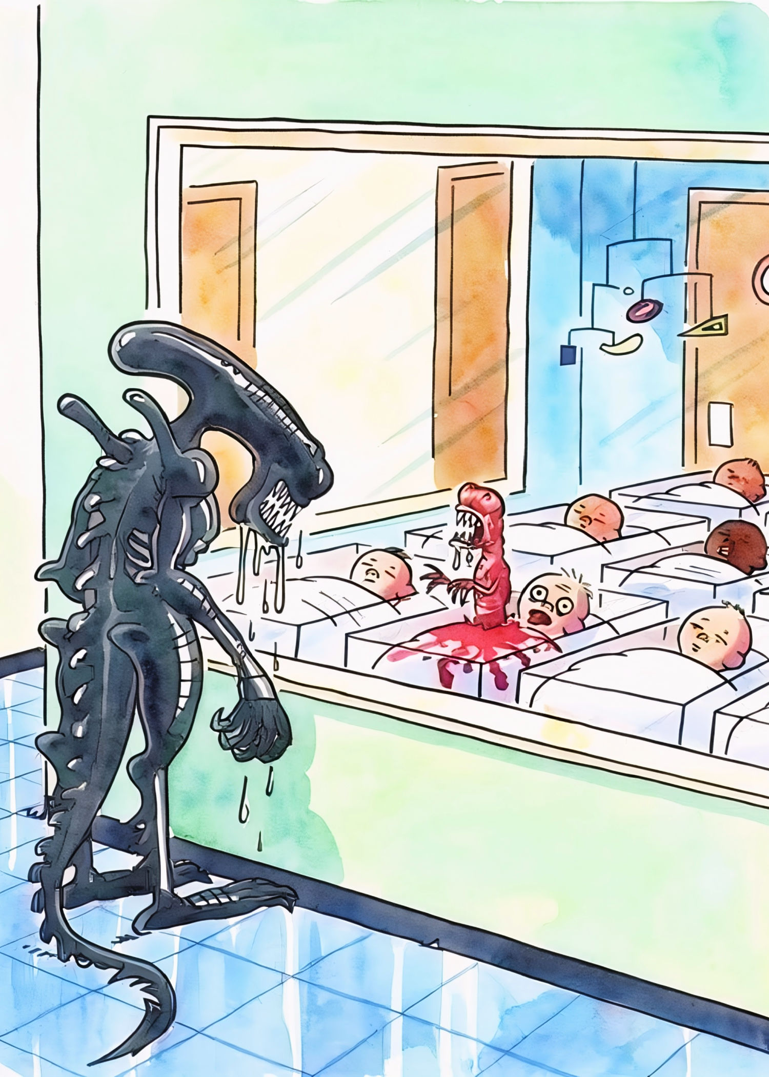 Cartoon alien looking through a nursery window at newborn babies