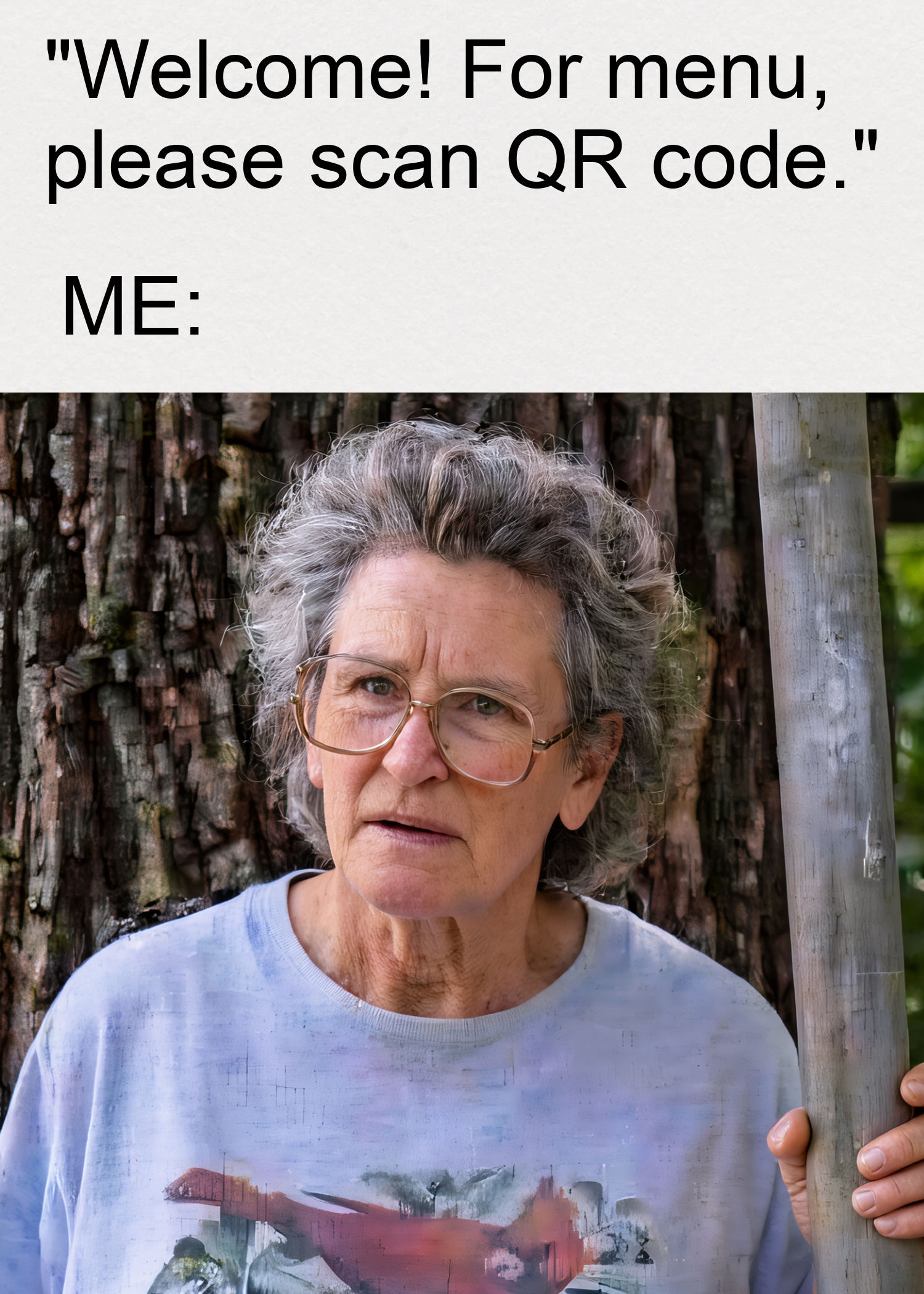 Confused older woman reacting to a restaurant sign that says, “For menu, please scan QR code.”