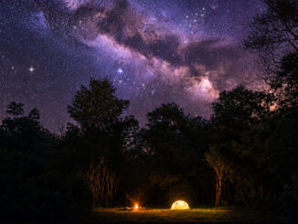 Glowing tent and campfire beneath the Milky Way in a remote forest clearing