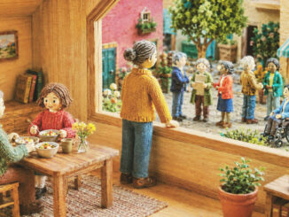 Handmade dollhouse scene with a family at the dinner table and neighbors gathered in a public square outside.
