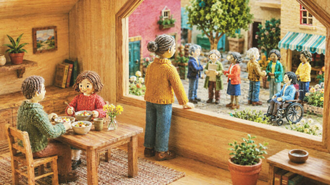 Handmade dollhouse scene with a family at the dinner table and neighbors gathered in a public square outside.