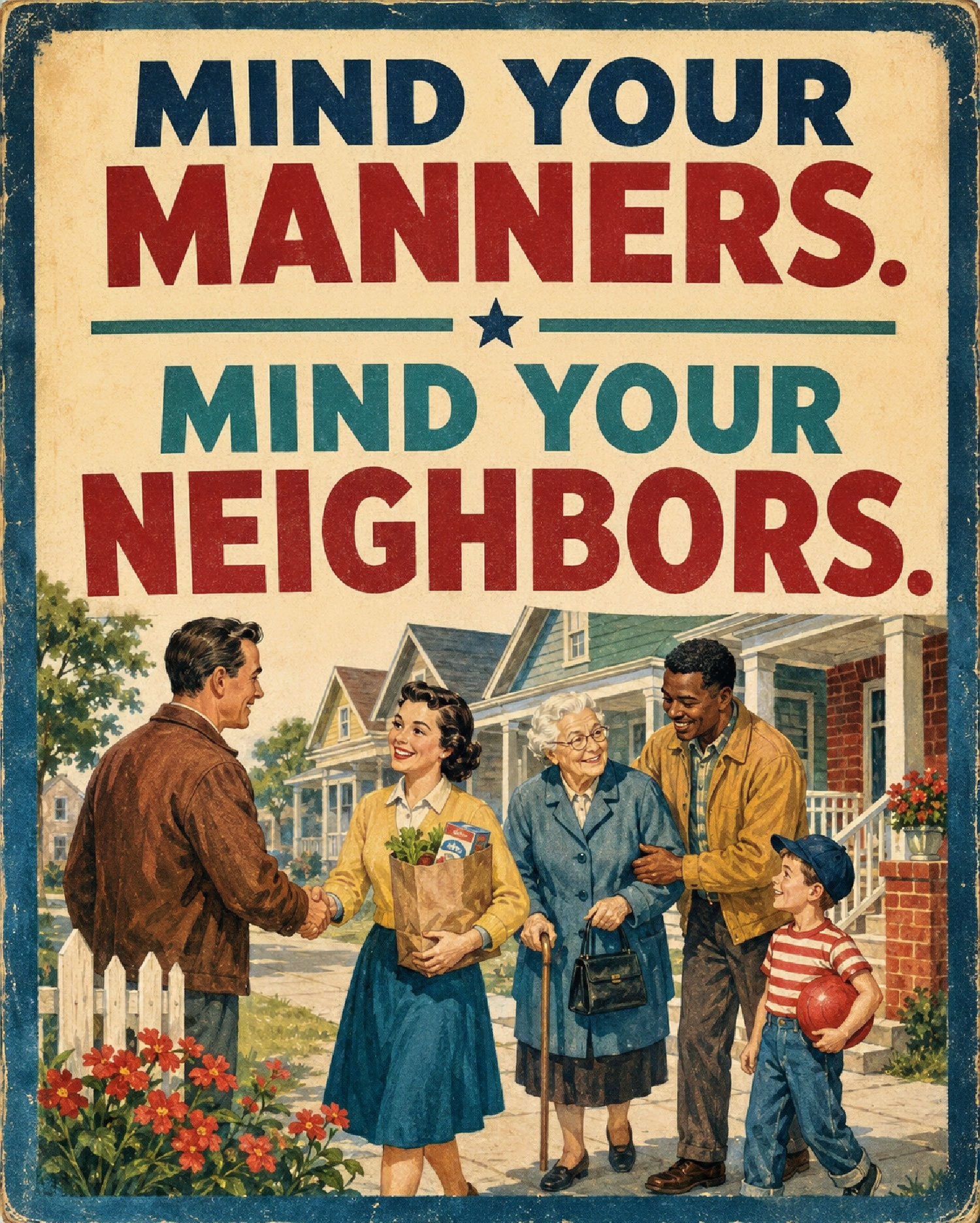 Vintage poster reading “Mind Your Manners, Mind Your Neighbors,” with neighbors greeting and helping one another.