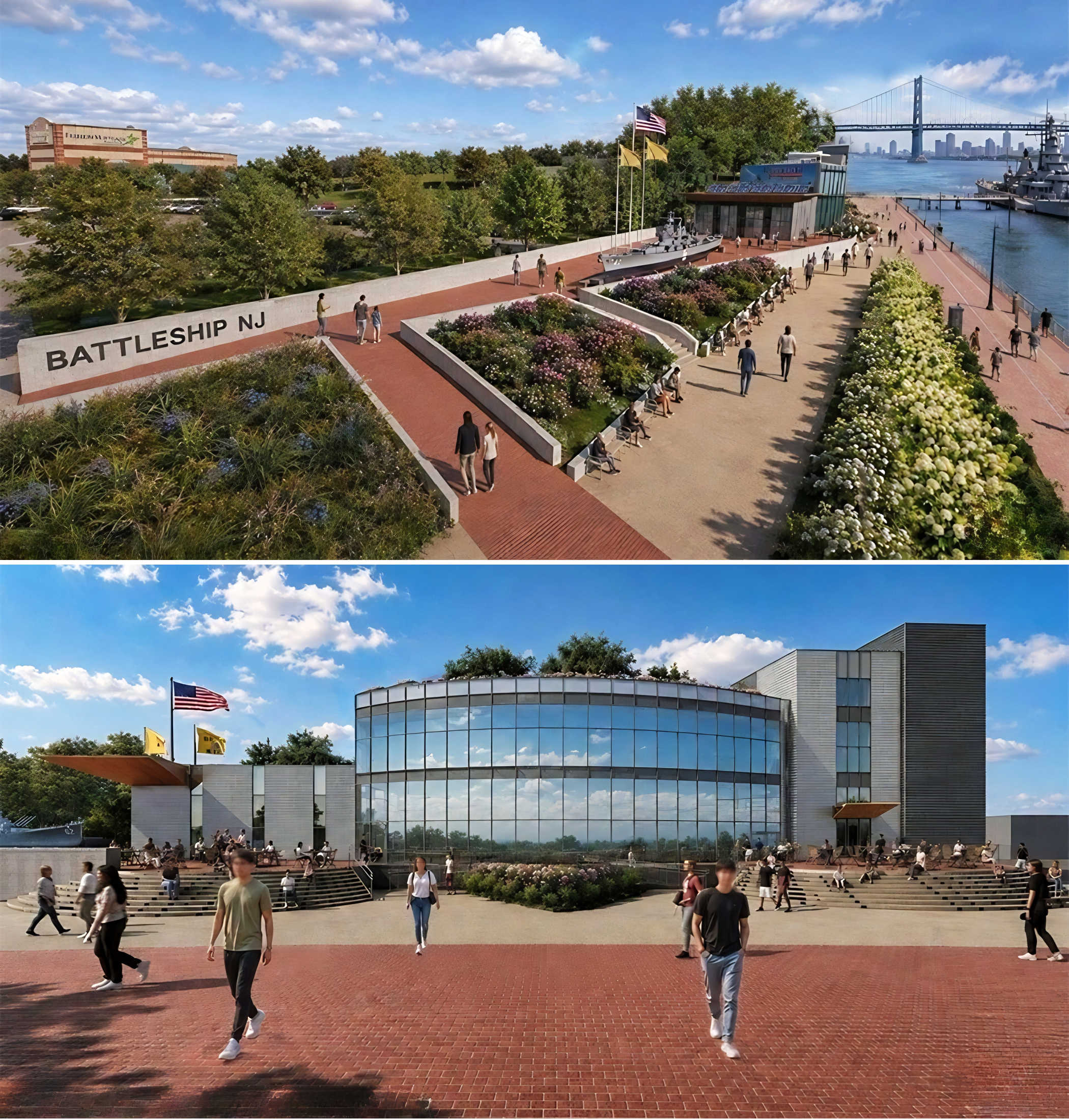 Renderings of the planned Battleship New Jersey visitor center and landscaped Camden waterfront campus.