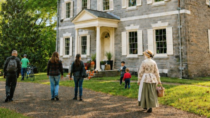 Visitors and a living-history interpreter walk toward Upsala Mansion in Germantown during the Revolutionary Germantown Festival.