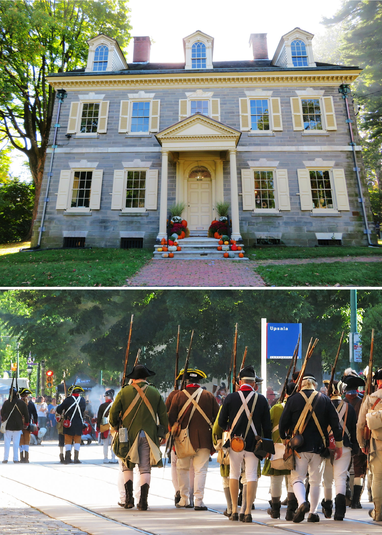 Upsala Mansion in Germantown above Revolutionary War reenactors marching beneath an Upsala sign during the Revolutionary Germantown Festival.