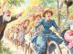 Joyful Victorian women ride bicycles past a disapproving man holding a STOP sign.