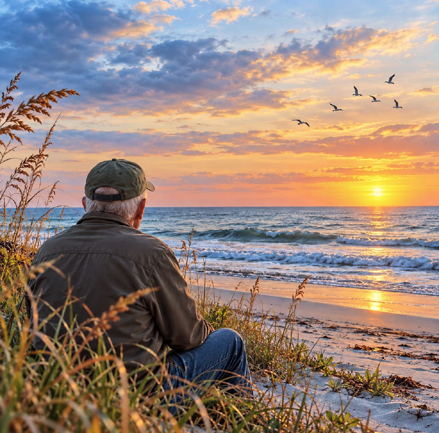 Illustration of an elderly man seated among dune grasses, looking out over ocean waves as birds cross a glowing orange sky.