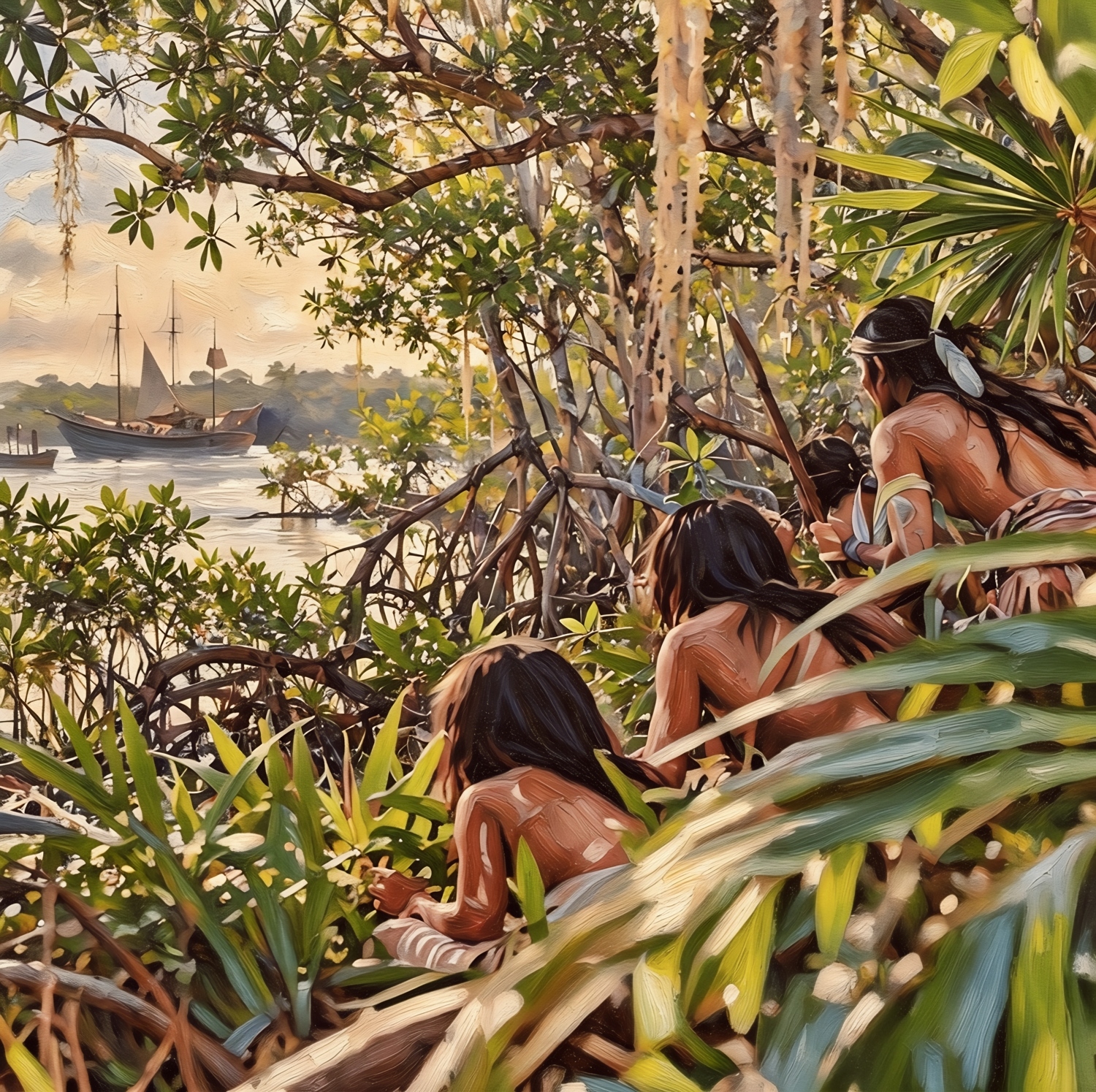 Illustration of Ais people crouching among mangrove roots and dense foliage, watching a sailing ship on sunlit water.
