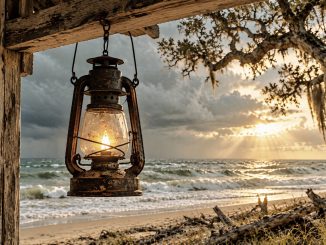 Illustration of a glowing lantern in a weathered seaside shelter, overlooking rough surf and sunlight breaking through storm clouds.