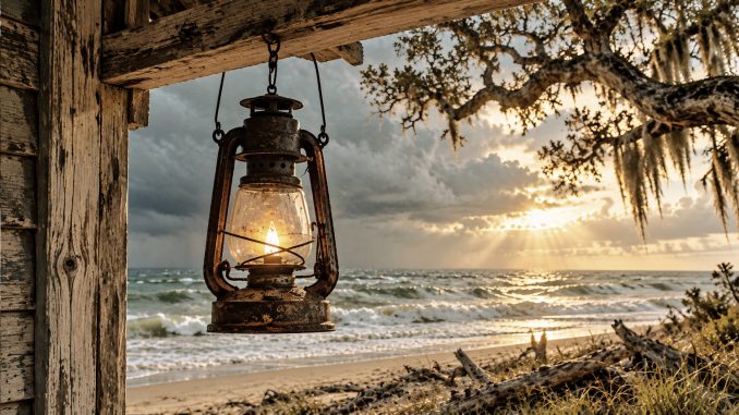 Illustration of a glowing lantern in a weathered seaside shelter, overlooking rough surf and sunlight breaking through storm clouds.