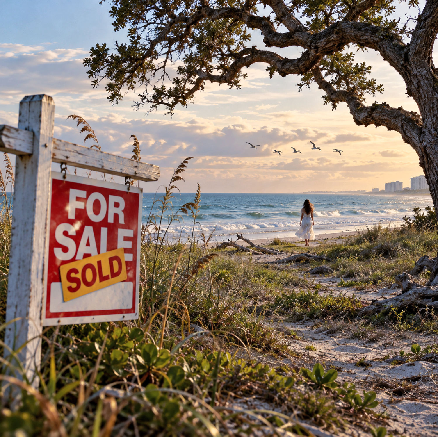 Illustration of a “For Sale” sign marked “Sold” beside an old live oak, with a woman in a white dress looking out to sea.