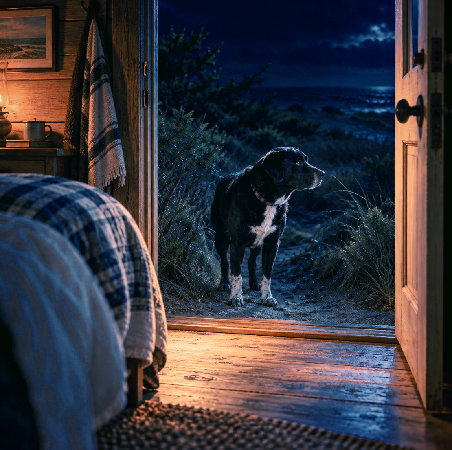 Illustration of a black-and-white dog standing outside an open cabin door at night, with warm light inside and a shadowy path leading toward the sea.