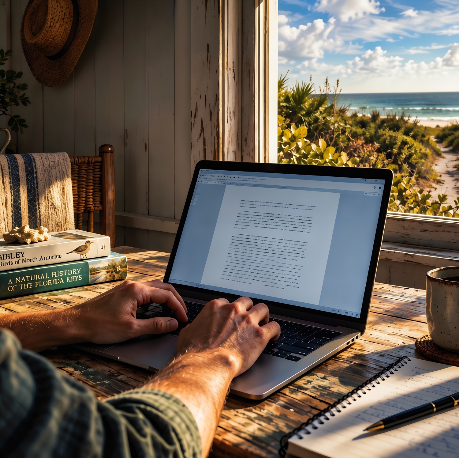 Illustration of hands typing on a laptop at a rustic cabin table, with books and coffee nearby and the ocean visible through the windows.